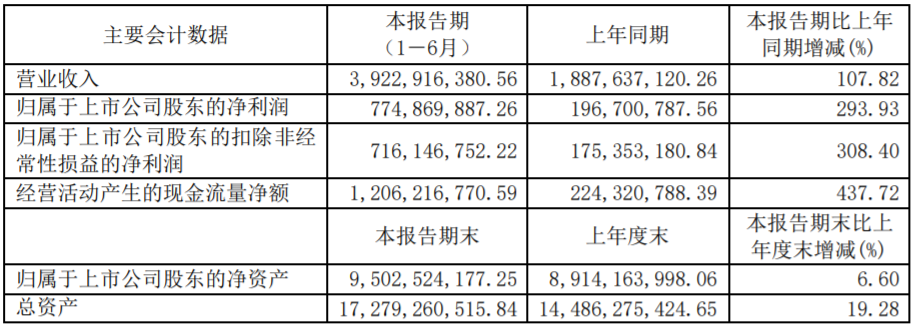 璞泰来上半年相关业绩数据（单位：元 币种：人民币）