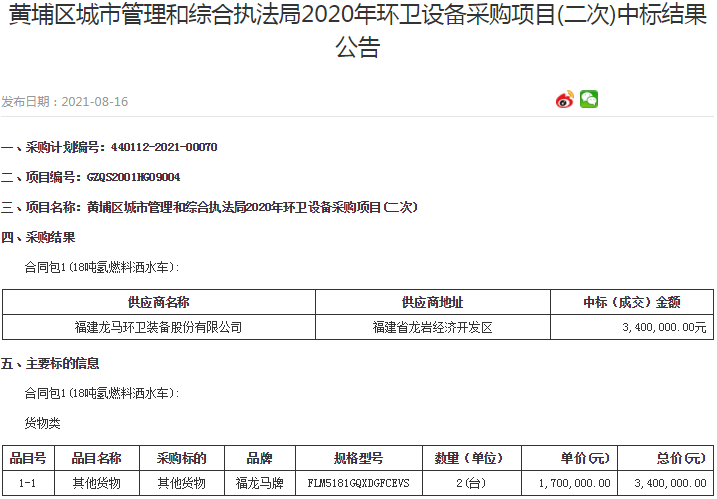 黄埔区2020年环卫设备采购项目公开招标（二次）中标结果