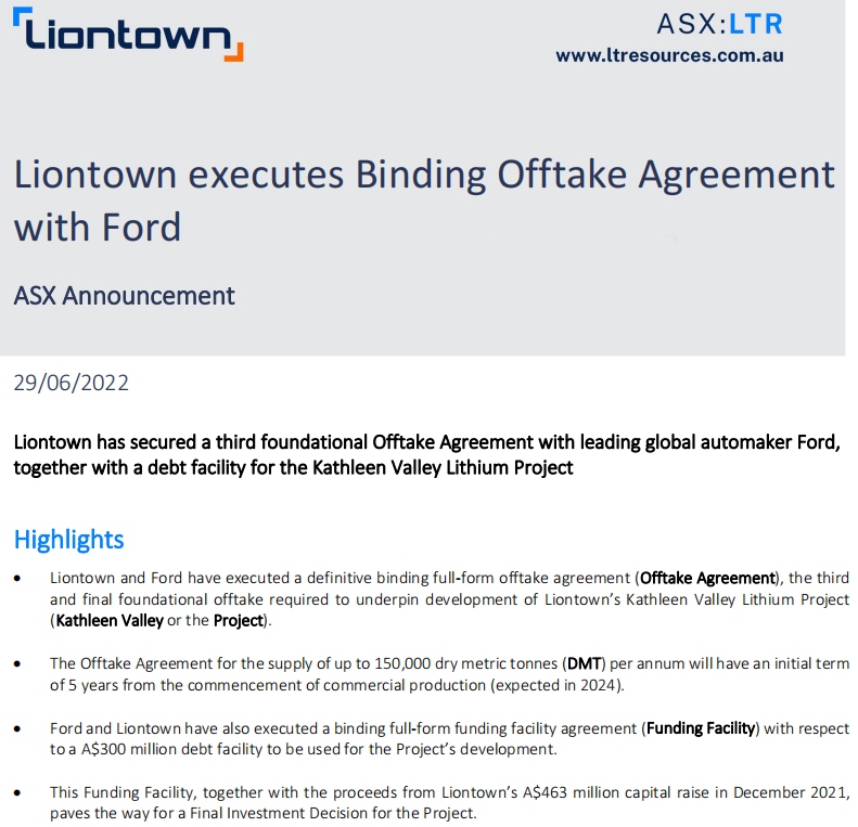 Liontown与福特签署锂矿供应协议