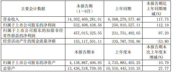 厦钨新能2022年上半年主要会计数据 单位：元