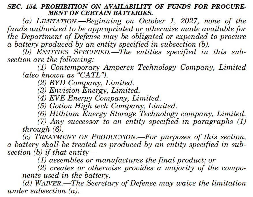 美国国会禁止五角大楼从6家中企采购电池