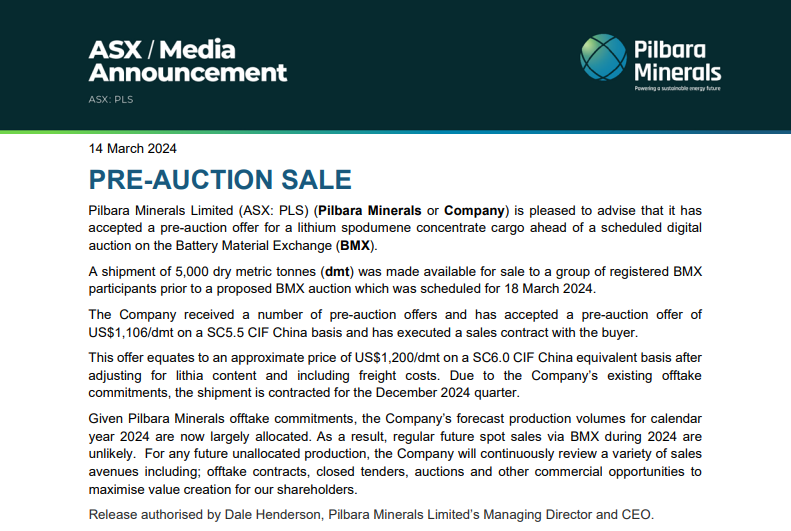 皮尔巴拉第14次锂精矿拍卖举行