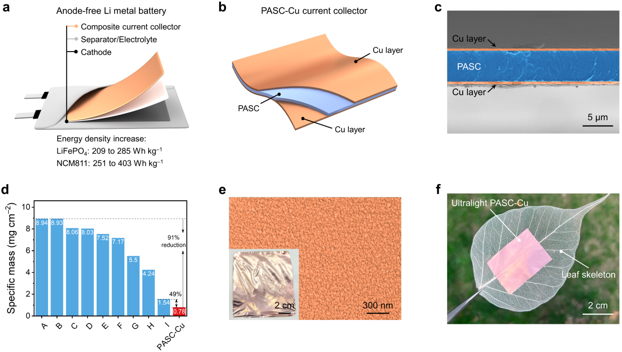 图1. 超轻复合集流体实现高比能无负极锂金属电池