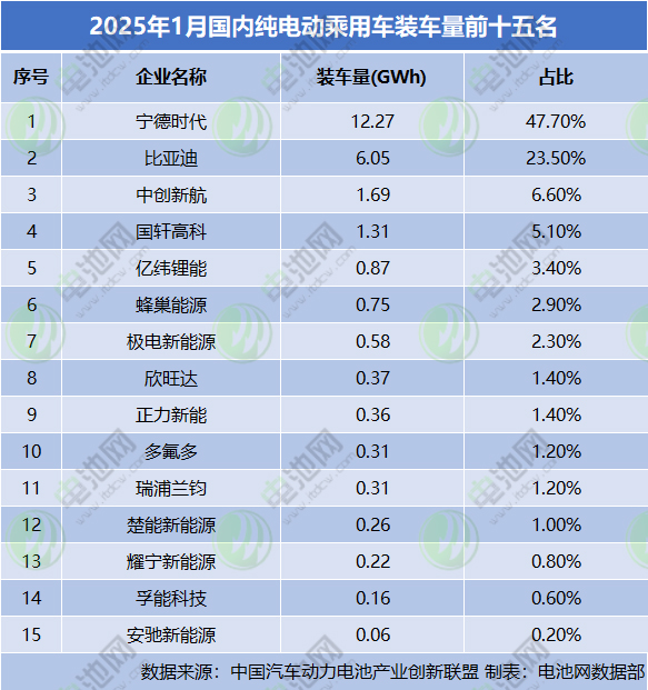 2025年1月国内纯电动乘用车装车量前十五名