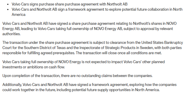 沃尔沃汽车将收购Northvolt在NOVO Energy中50%的股份