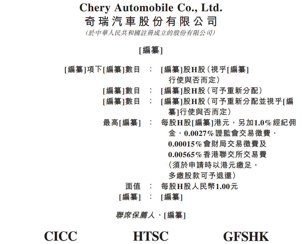 奇瑞汽车正式递表港交所