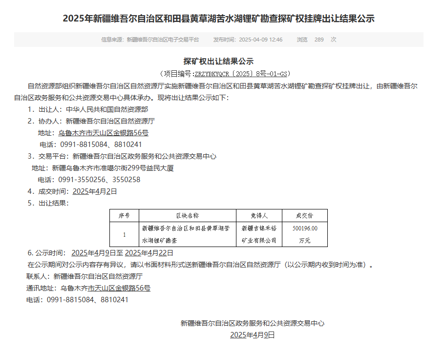 溢价率达12906%！新疆和田县锂矿探矿权拍出50亿元高价