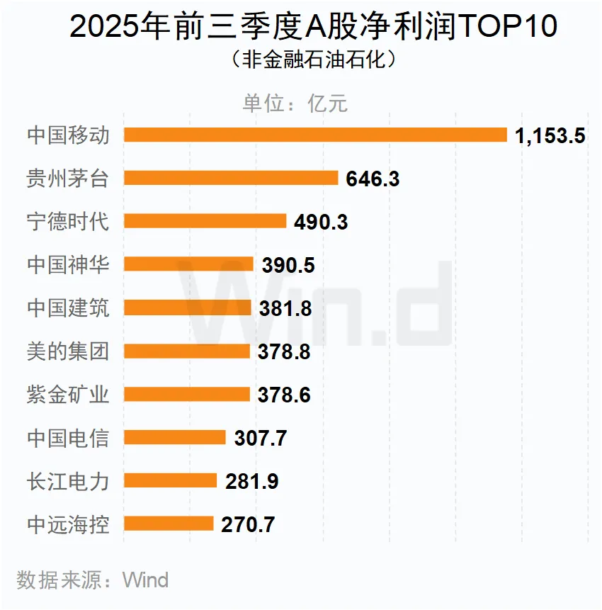 2025年前三季度A股净利润TOP10（非金融石油石化）