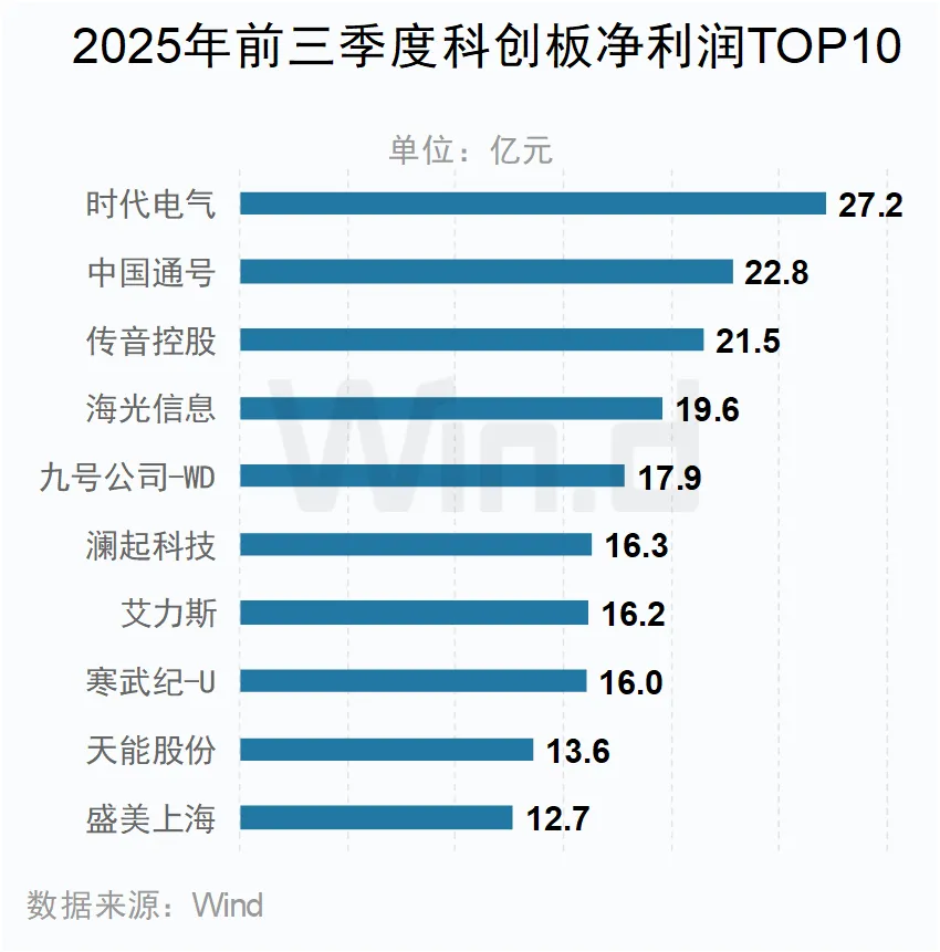 2025年前三季度科创板净利润TOP10