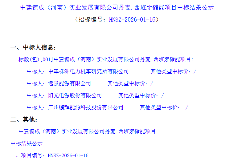 采购2.4GWh储能系统！中车/远景能源/阳光电源/鹏辉能源中标
