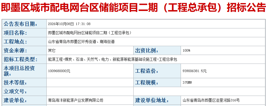 山东省青岛市即墨区城市配电网台区储能项目二期EPC招标 山东省青岛市即墨区城市配电网台区储能项目二期EPC招标